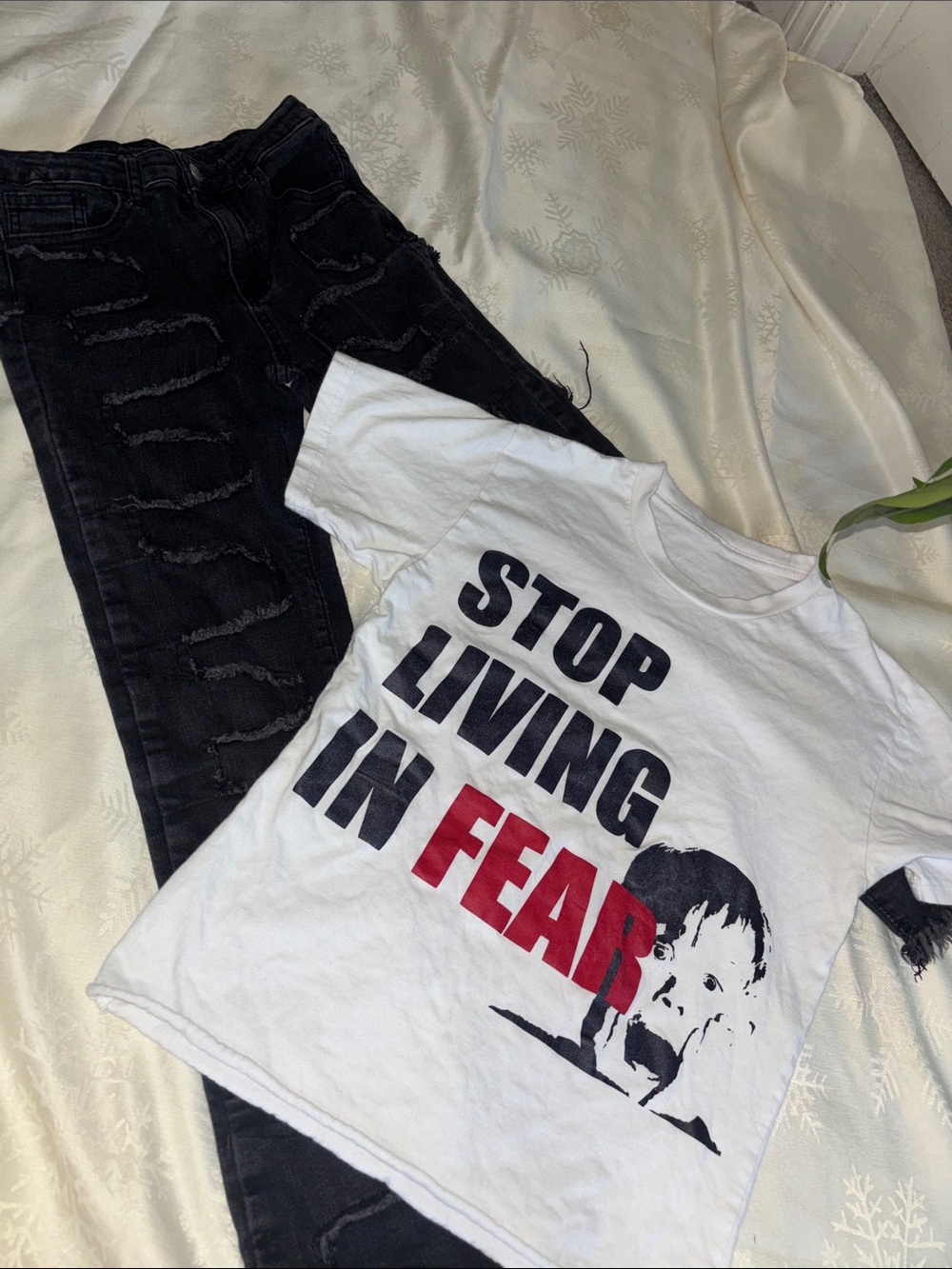 SET— Kids White Graphic Tee - "Stop Living in Fear" + Dark Wash Denim